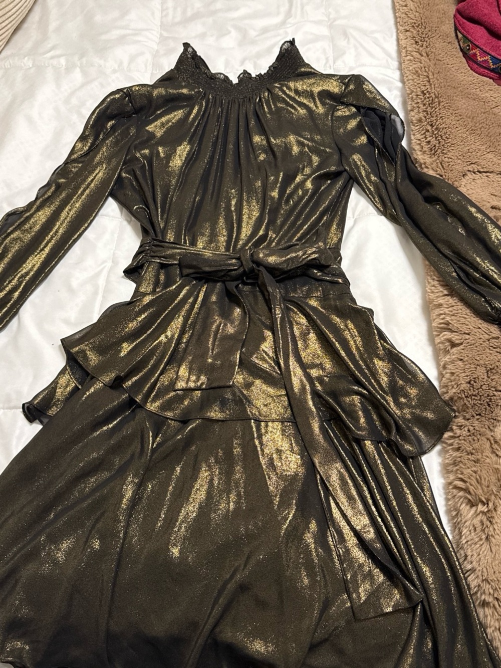 Alex Marie Shimmery Gold Long Sleeve Tie-Waist Dress